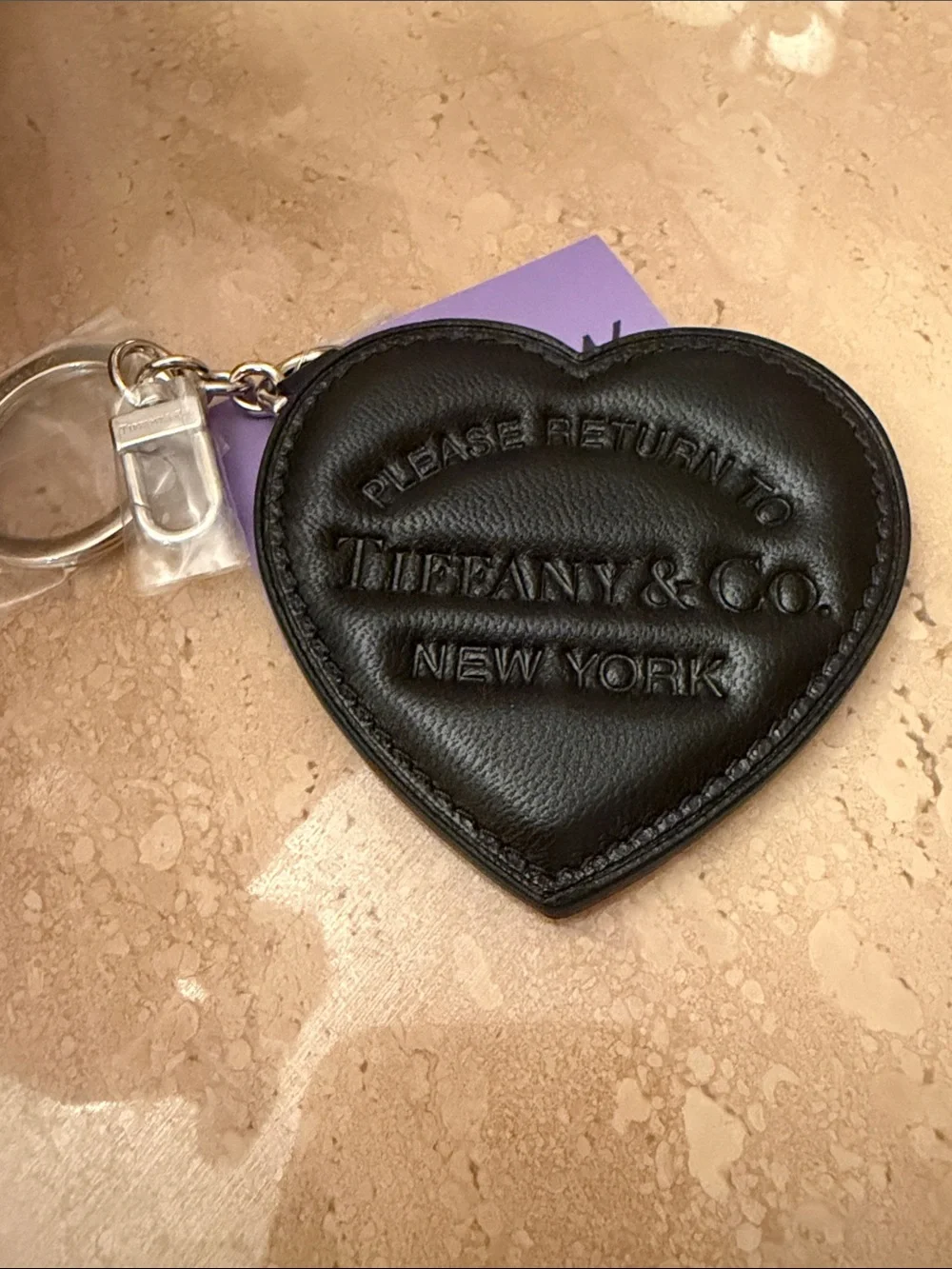 Tiffany & Co. Black Heart Leather Keyring with Embossed Logo